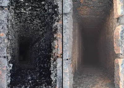 Ramonage - retirer le bistre d'une cheminée - image avant après nettoyage